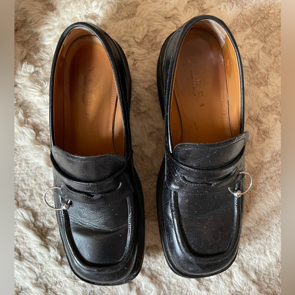 Marni Black Leather Slip-On Loafers with Silver Accent